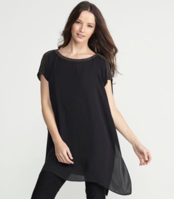 Petite Bateau Neck Long Boxy Tunic in Beaded Floaty Georgette
