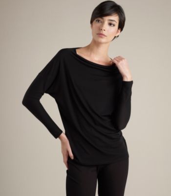 Drape Neck Top with Tapered Hem in Stretch Silk Jersey