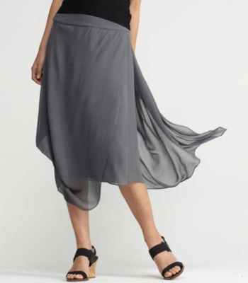Knee-Length Draped Skirt with Yoke in Sheer Silk Georgette