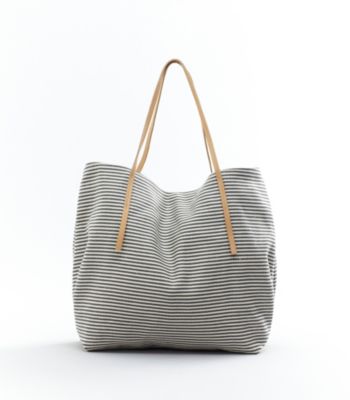 Tote in Striped Linen Twill with Italian Leather