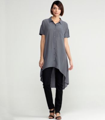 Classic Collar Short-Sleeve Layering Dress in Silk Crepe de Chine