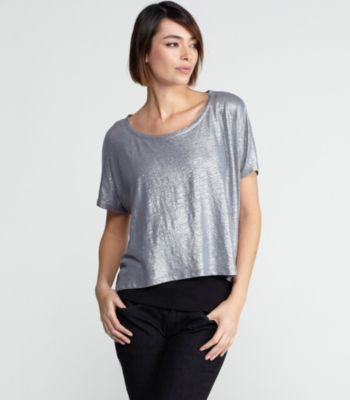 Bateau Neck Short-Sleeve Cropped Poncho Top in Linen Jersey Shimmer