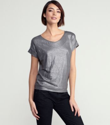 Plus Size Soft V-Neck Dolman Short-Sleeve Wedge Top in Linen Jersey Shimmer