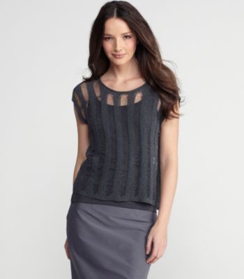 Scoop Neck Cap-Sleeve Box-Top in Open Linen Cord Sheen