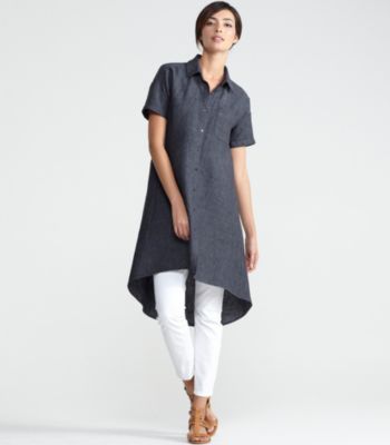 Classic Collar Short-Sleeve Knee-Length Shirtdress in Washed Linen Delave