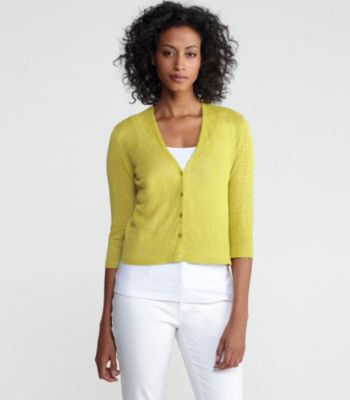 Petite V-Neck 3/4-Sleeve Cropped Cardigan in Lightweight Fine Gauge Linen