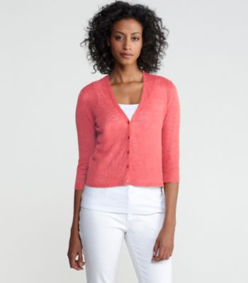 V-Neck 3/4-Sleeve Cropped Cardigan in Lightweight Fine Gauge Linen