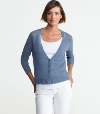 V-Neck 3/4-Sleeve Cropped Cardigan in Fine Gauge Linen Mesh