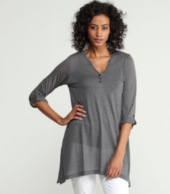Split Neck Roll-Sleeve Top in Heathered Micromodal