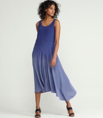 Scoop Neck Drop Waist Full-Length Dress with Slip in Ombre Silk Crepe de Chine