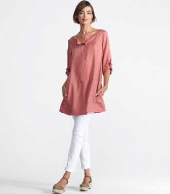 Plus Size Ballet Neck Knee-Length Shirtdress in Sandwashed Silk Twill