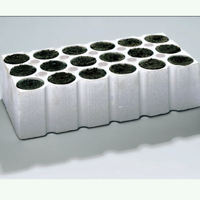 18-cell Whopper Planting Block with 18 Bio Sponges: A polystyrene seed-starting tray filled with 18 oversized bio sponges.