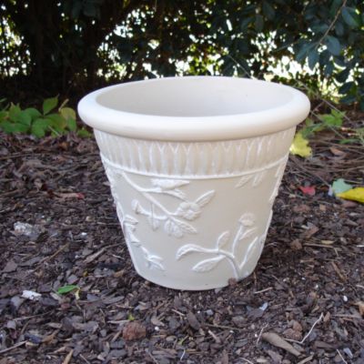Hummingbird Sandstone-Style Planter (8-inch): An 8-inch round high-density polyurethane planter with a sandstone finish and hummingbird design.  6 1/2 inches tall, marked for drainage hole.