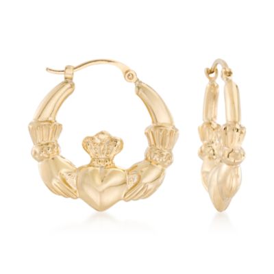 14kt Yellow Gold Claddagh Hoop Earrings  &mdash; Alt Image 1