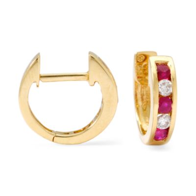 Ruby and Diamond Hoop Earrings In 14kt Yellow Gold &mdash; Alt Image 1