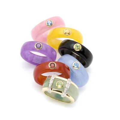Set of 7 Multicolored Jade and Gemstone Rings In 14kt Yellow Gold. Size 6 &mdash; Alt Image 1