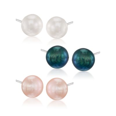 Set of 3 Multicolor Cultured 8mm Pearl Studs In Sterling  &mdash; Alt Image 1