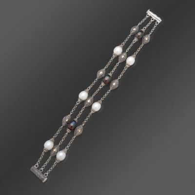 Andrea Candela 18kt Gold and Textured Sterling Cultured Pearl Station Bracelet 7" &mdash; Alt Image 1