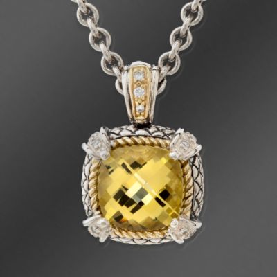 Andrea Candela 18kt Gold and Textured Sterling Lemon Quartz Diamond Accent Necklace. 17" &mdash; Alt Image 1