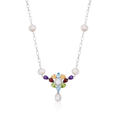 8-9.5mm Cultured Pearl and Multi-Gem Floral Drop Necklace In Sterling With 2" Extender 18" &mdash; Alt Image 1