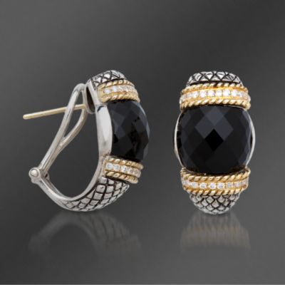 Andrea Candela 18kt Gold and Textured Sterling Onyx .55 ct. t.w. Diamond Earrings &mdash; Alt Image 1