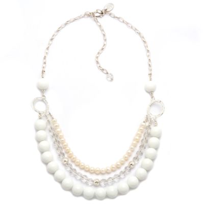 #200825: 3-Strand 5mm Cultured Pearl and Rock Crystal With Shells Necklace In Sterling Silver 16