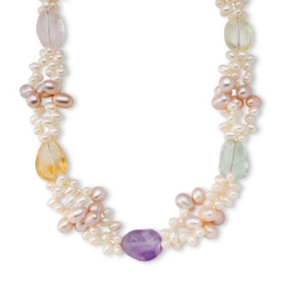 Multicolored Cultured Pearl and Multi-Gem Necklace In Sterling Silver &mdash; Alt Image 1