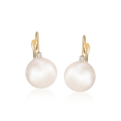 10mm Cultured Pearl and Diamond Earrings In 14kt Yellow Gold &mdash; Alt Image 1
