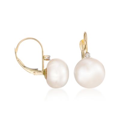 10mm Cultured Pearl and Diamond Earrings In 14kt Yellow Gold &mdash; Alt Image 2
