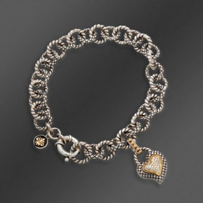 Andrea Candela 18kt Gold and Textured Sterling Diamond "Amante" Charm Bracelet. 8" &mdash; Alt Image 1