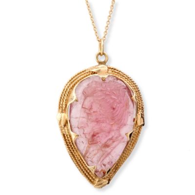 C. 1960 Pink Tourmaline Carved Lady Pendant With Chain In 14kt Gold 16" &mdash; Alt Image 1
