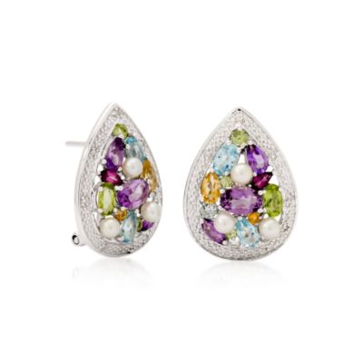 Multi-Gem Earrings With Cultured Pearl and Diamond Accent In Sterling Silver &mdash; Alt Image 1