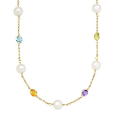 Cultured Pearl and Multi-Gem Station Necklace In 14kt Yellow Gold &mdash; Alt Image 1