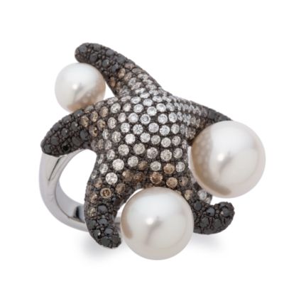 Multicolor Diamond and Cultured Pearl Starfish Ring In 14kt White Gold from ross-simons.com