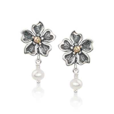 Cultured Pearl Floral Earrings In Two-Tone  &mdash; Alt Image 1
