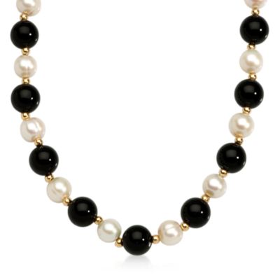 8-8.5mm Cultured Pearl and 10-10.5mm Black Onyx Beaded Necklace In 14kt Yellow Gold &mdash; Alt Image 1