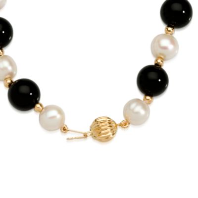 8-8.5mm Cultured Pearl and 10-10.5mm Black Onyx Beaded Necklace In 14kt Yellow Gold &mdash; Alt Image 2