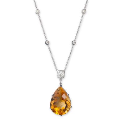 C. 1900 16.30 Carat Citrine and 1.10 ct. t.w. Diamond Necklace In 18kt White Gold 16
