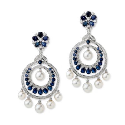 12.10 ct. t.w. Sapphire Diamond and Cultured South Sea Pearl Dangle Earring In 18kt White Gold    &mdash; Alt Image 1