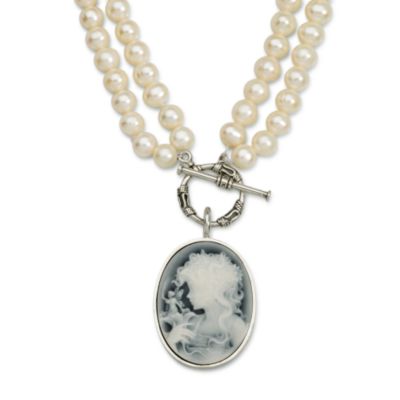 Blue Agate Cameo and 7-7.75mm Cultured Pearl Necklace In Sterling Silver &mdash; Alt Image 1