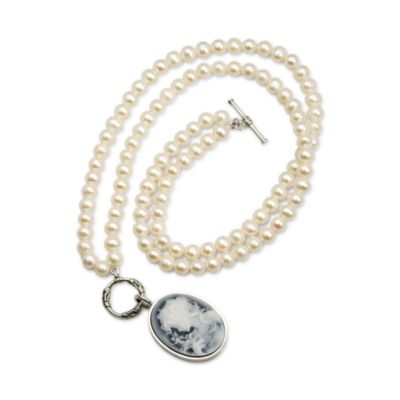 Blue Agate Cameo and 7-7.75mm Cultured Pearl Necklace In Sterling Silver &mdash; Alt Image 2