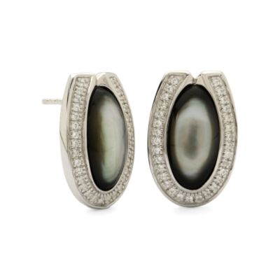Black Mother-Of-Pearl & White CZ Horseshoe Earrings &mdash; Alt Image 1
