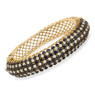 C. 1970 3.00 ct. t.w. Diamond and 6.75 ct. t.w. Faux Sapphire Bangle In 14kt Yellow Gold 6" &mdash; Alt Image 1