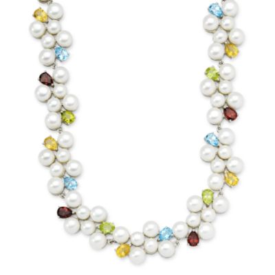 Cultured Pearl and Multi-Gem Necklace In Sterling Silver. 17.5" &mdash; Alt Image 1