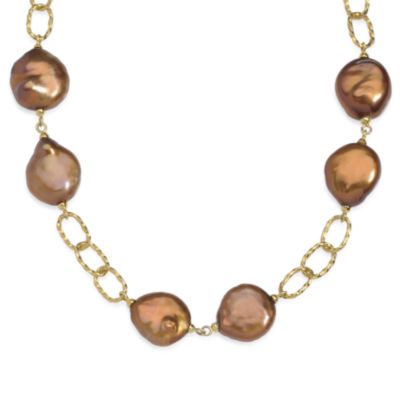 13-14mm Chocolate Cultured Coin Pearl Necklace In Vermeil 16"