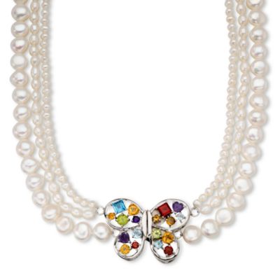 Cultured Pearl Necklace With Multi-Gem Butterfly  In Sterling Silver &mdash; Alt Image 1