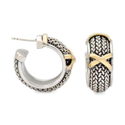 18kt Italian Yellow Gold and Sterling Silver Mesh-Style X Hoops &mdash; Alt Image 1