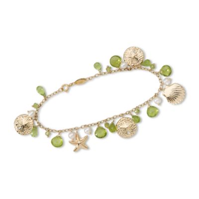 10.00 ct. t.w. Peridot Bracelet With Cultured Pearl and Sea Life In 14kt Yellow Gold. 8" &mdash; Alt Image 1