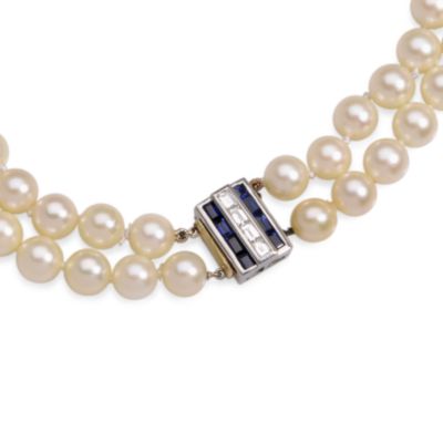 C. 1980. Vintage 7mm Cultured Pearl Strands Necklace With 7.55 ct. t.w. of Diamonds and Sapphires Set In Platinum and 18kt White Gold   16.5" &mdash; Alt Image 2