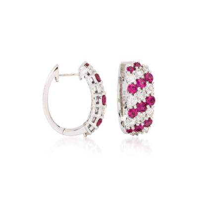 2.70 ct. t.w. Ruby and 1.90 ct. t.w. Diamond Hinged Hoop Earrings In 18kt White Gold &mdash; Alt Image 1